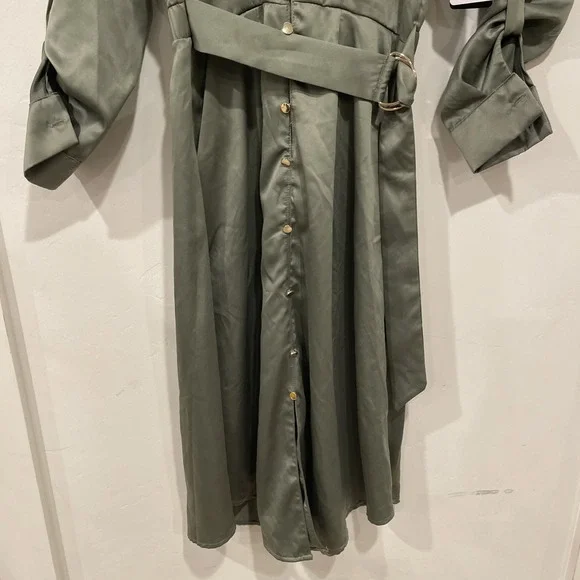 NWT French Connection Olive Green Shirt Dress Medium M Midi Belted Satin Career - Picture 6 of 11